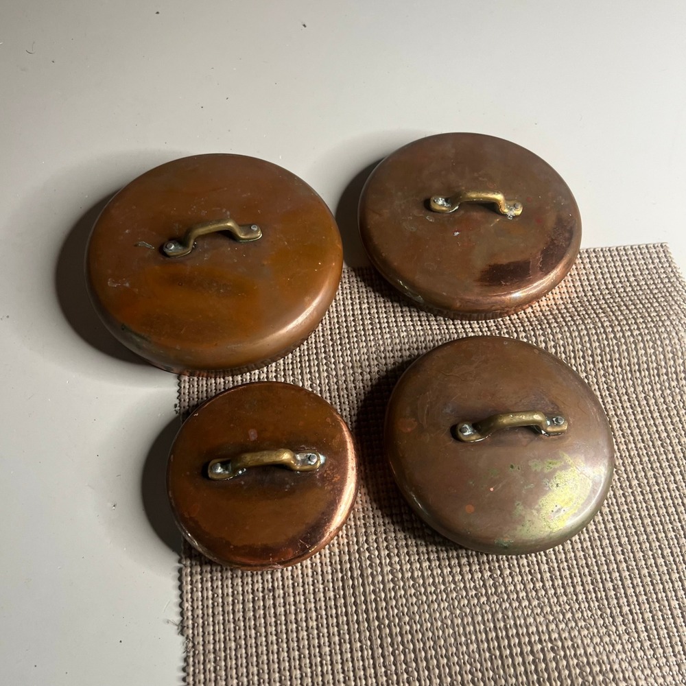 Vintage Copper Pot Lids Set of 4 Brass‎ Handles Tin Lined French Kitchen Decor